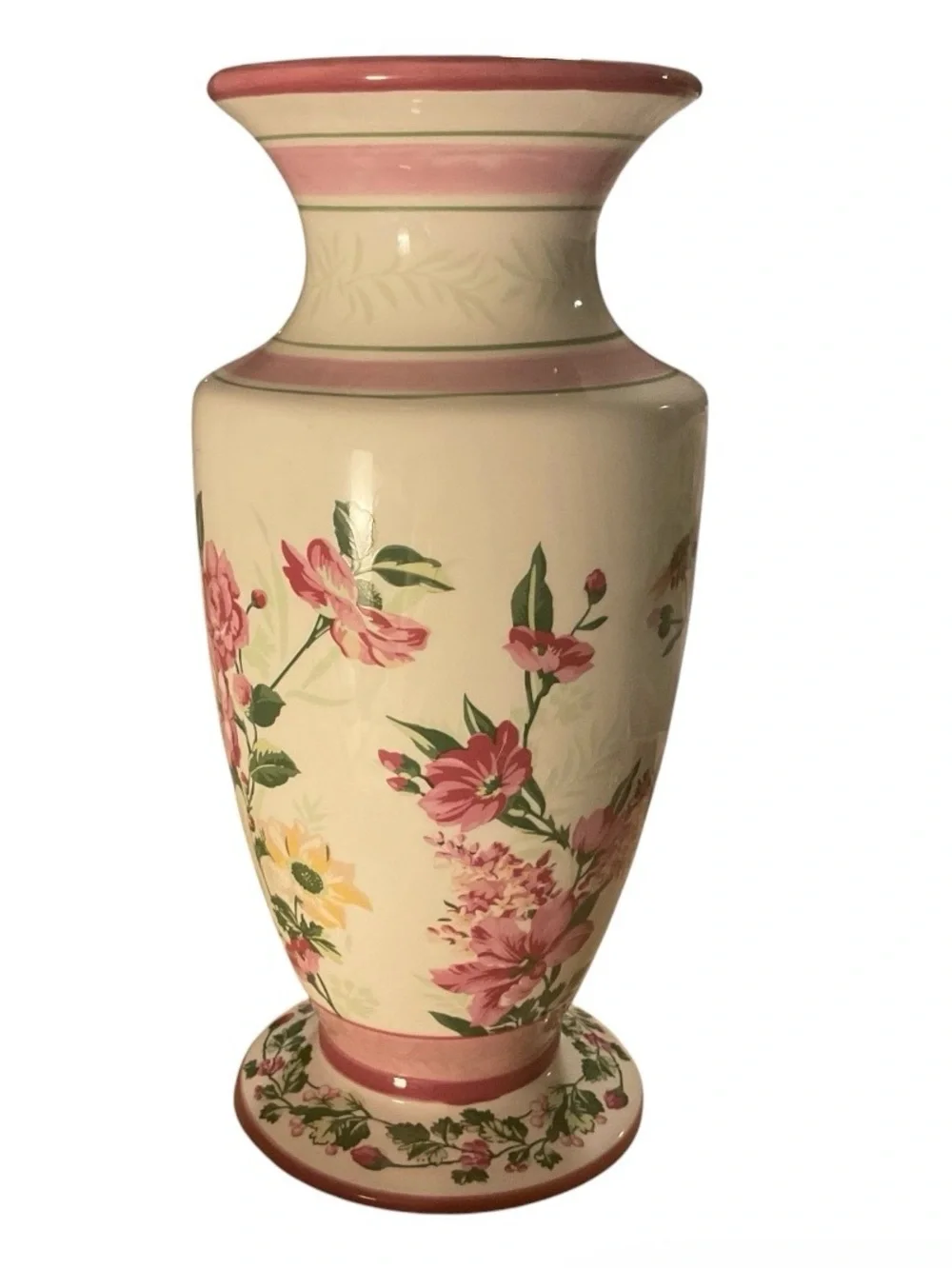 Laura Ashley Cream Vase with Pink and Green Floral Pattern